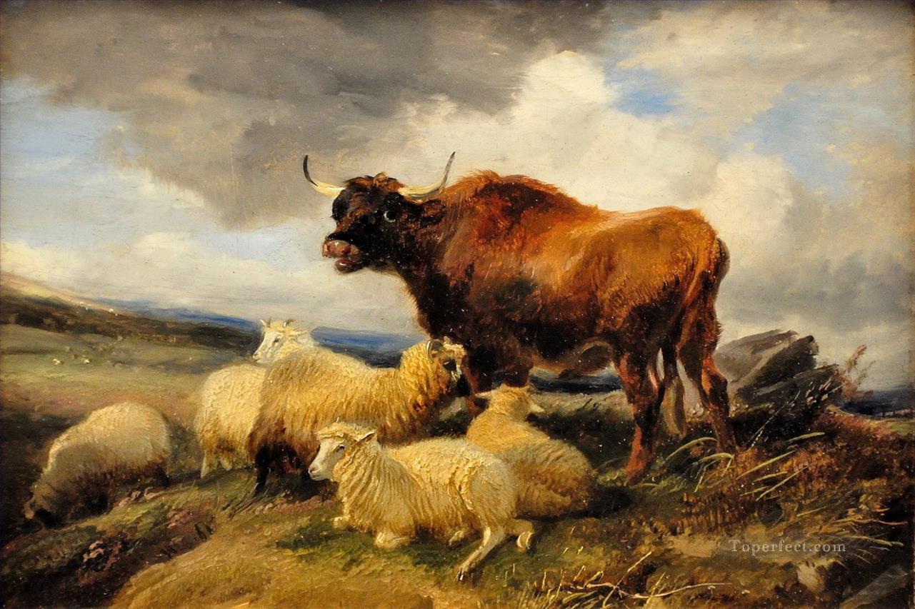 bovins et Chèvre Mouton Berger sur Prairie Peintures à l'huile